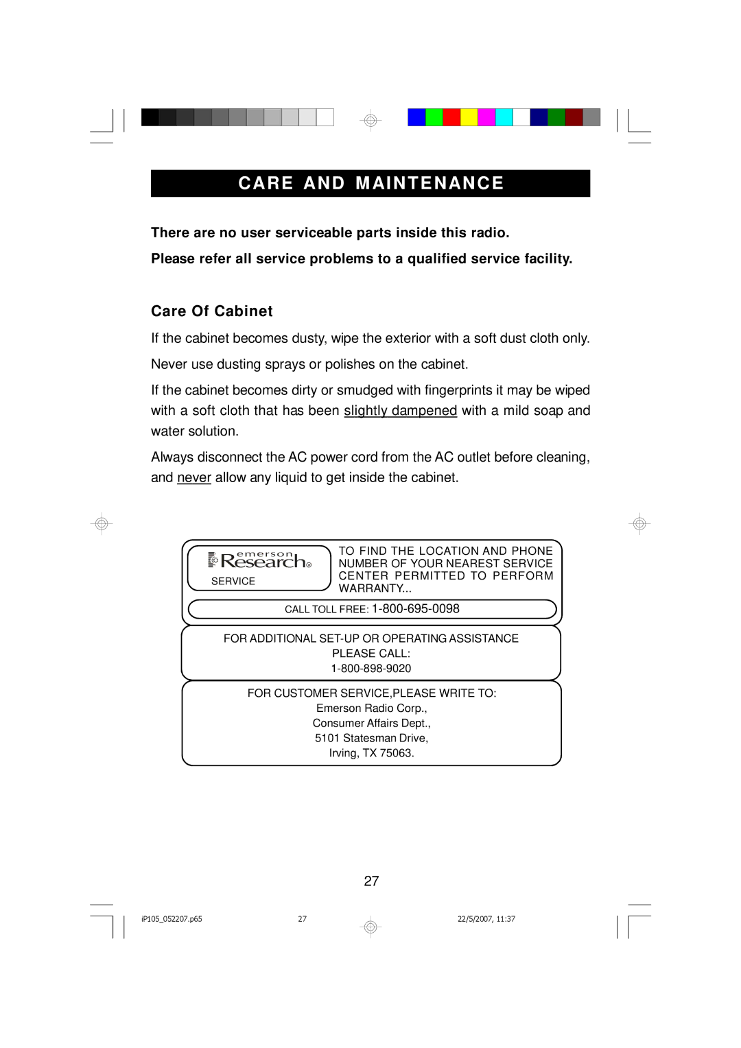 Emerson iP105BK owner manual Care and M Aintenance, Care Of Cabinet 