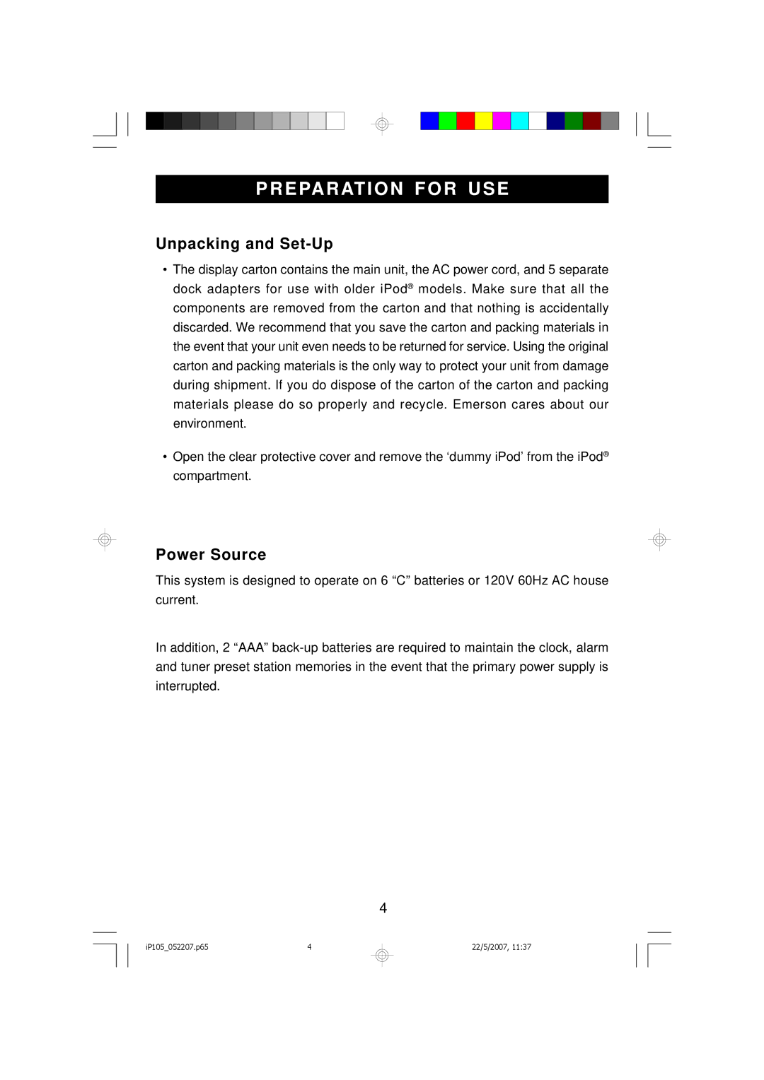 Emerson iP105BK owner manual Unpacking and Set-Up, Power Source 