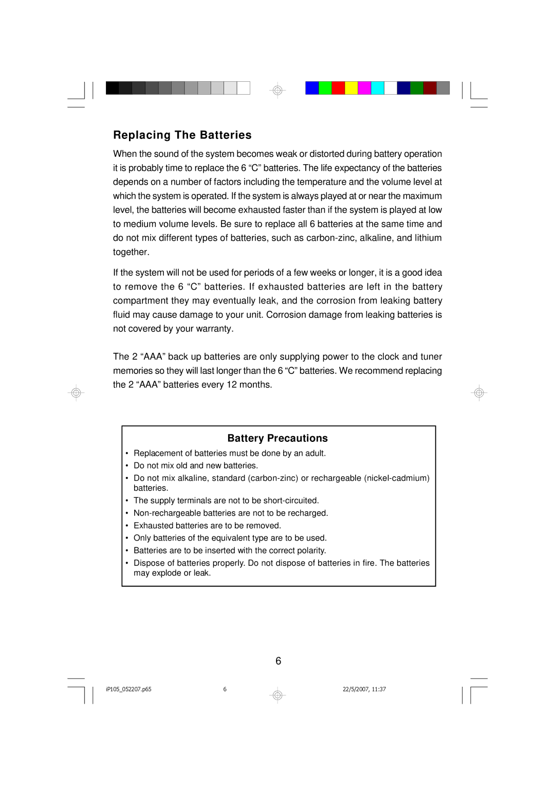 Emerson iP105BK owner manual Replacing The Batteries, Battery Precautions 