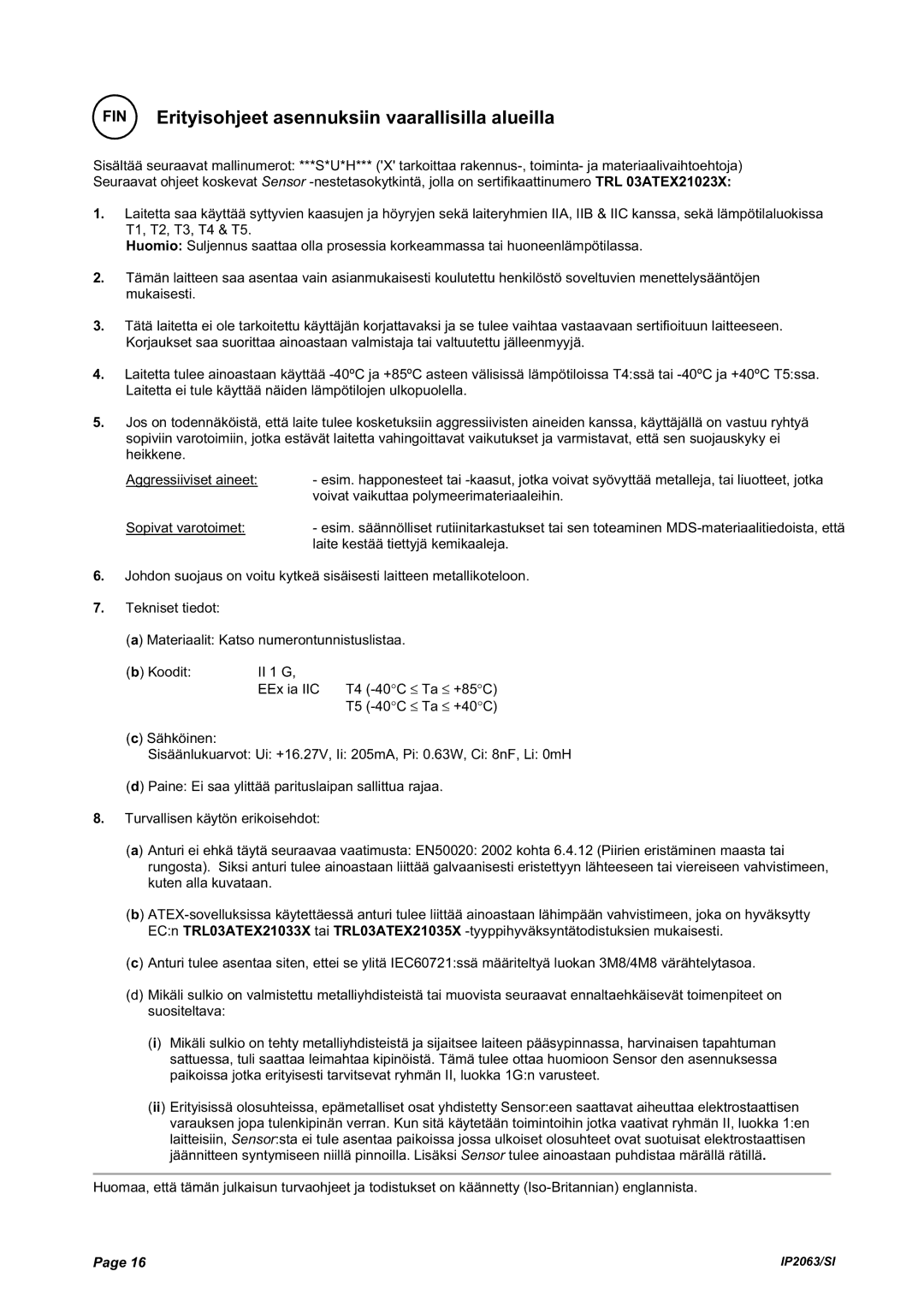 Emerson IP2063/SI, Electrosensor and Electropulse Sensors manual FIN Erityisohjeet asennuksiin vaarallisilla alueilla 