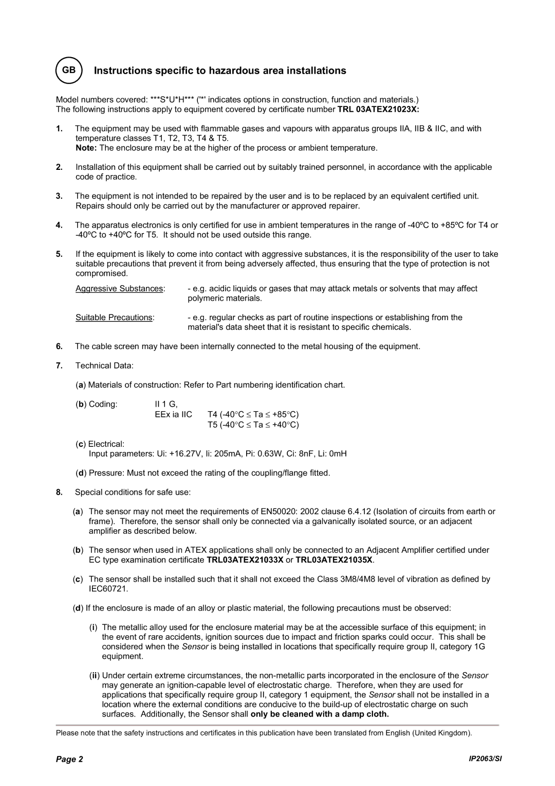 Emerson IP2063/SI, Electrosensor and Electropulse Sensors manual Instructions specific to hazardous area installations 