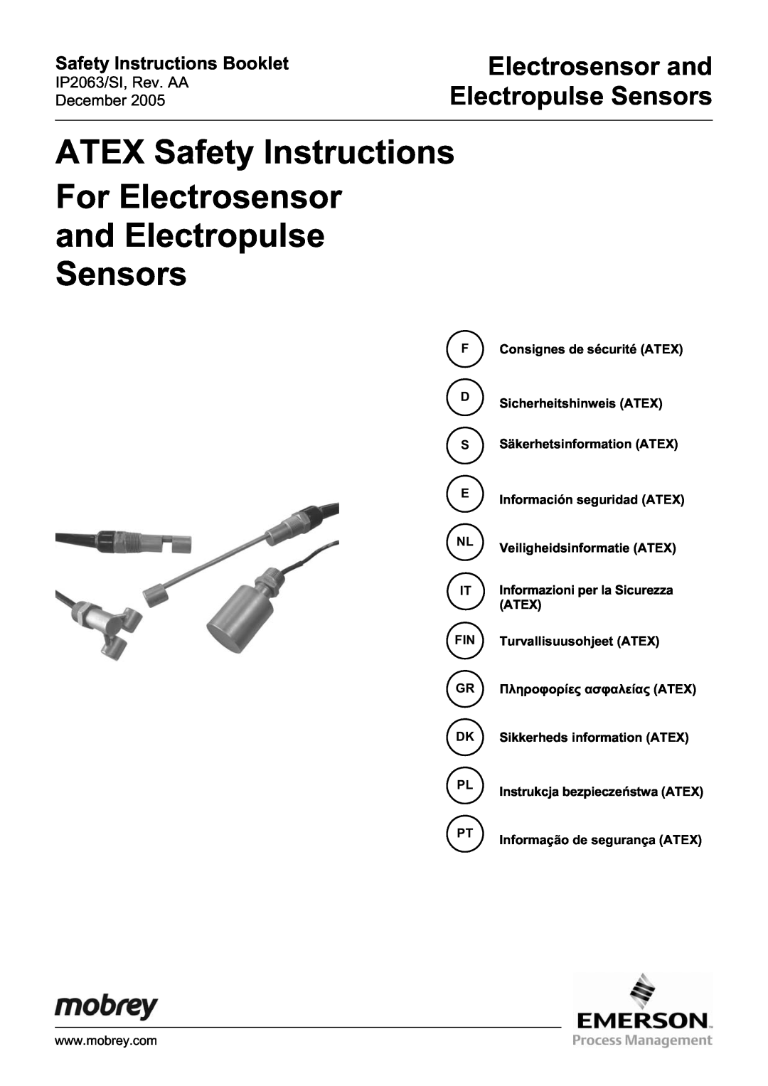 Emerson Electrosensor and Electropulse Sensors manual Safety Instructions Booklet, IP2063/SI, Rev. AA December 