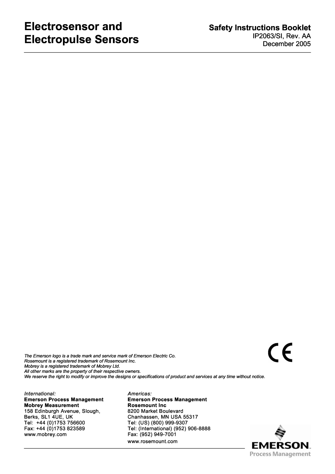 Emerson Electrosensor and Electropulse Sensors, Safety Instructions Booklet, IP2063/SI, Rev. AA December, Rosemount Inc 