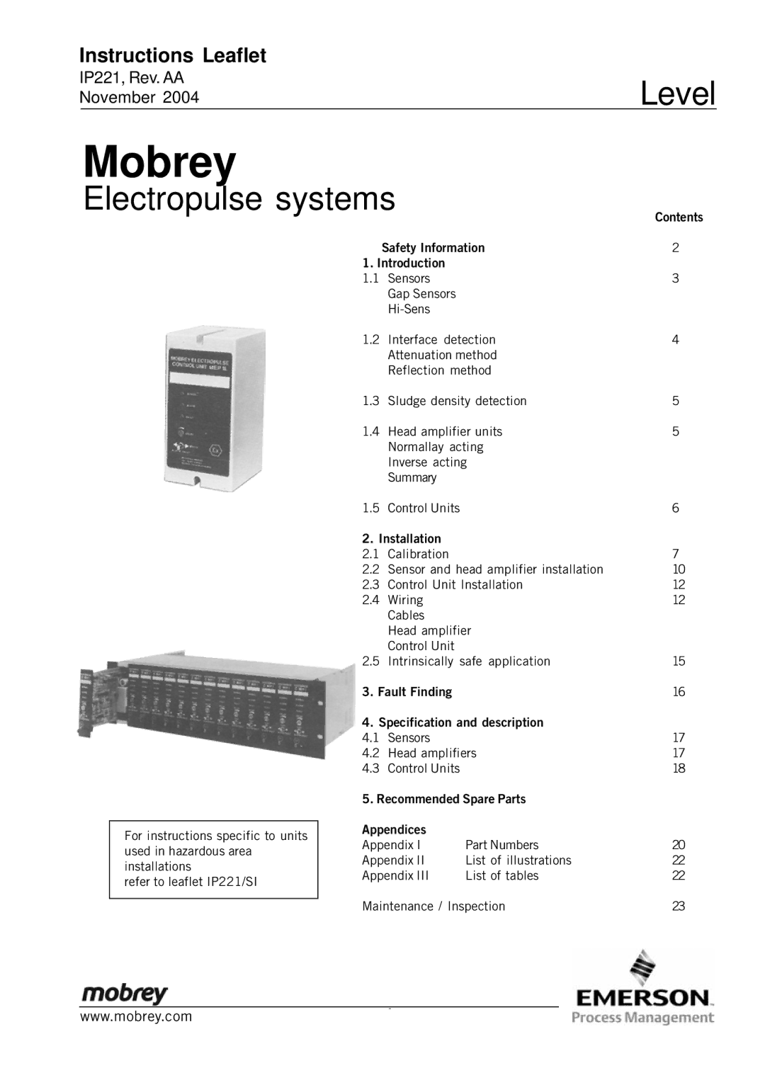 Emerson IP221 appendix Contents, Safety Information Introduction, Installation, Recommended Spare Parts Appendices 