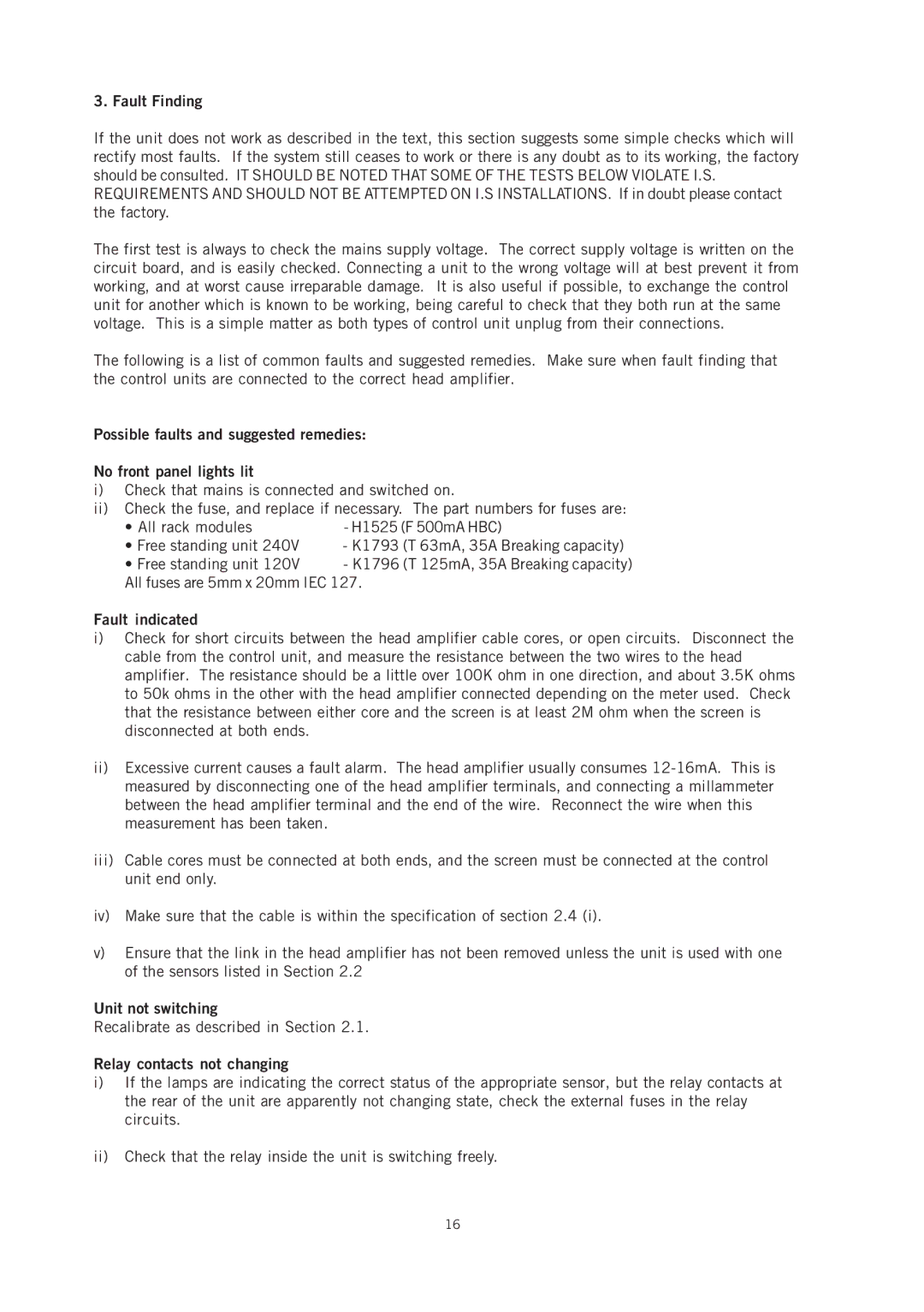 Emerson IP221 appendix Fault Finding, Fault indicated, Unit not switching, Relay contacts not changing 