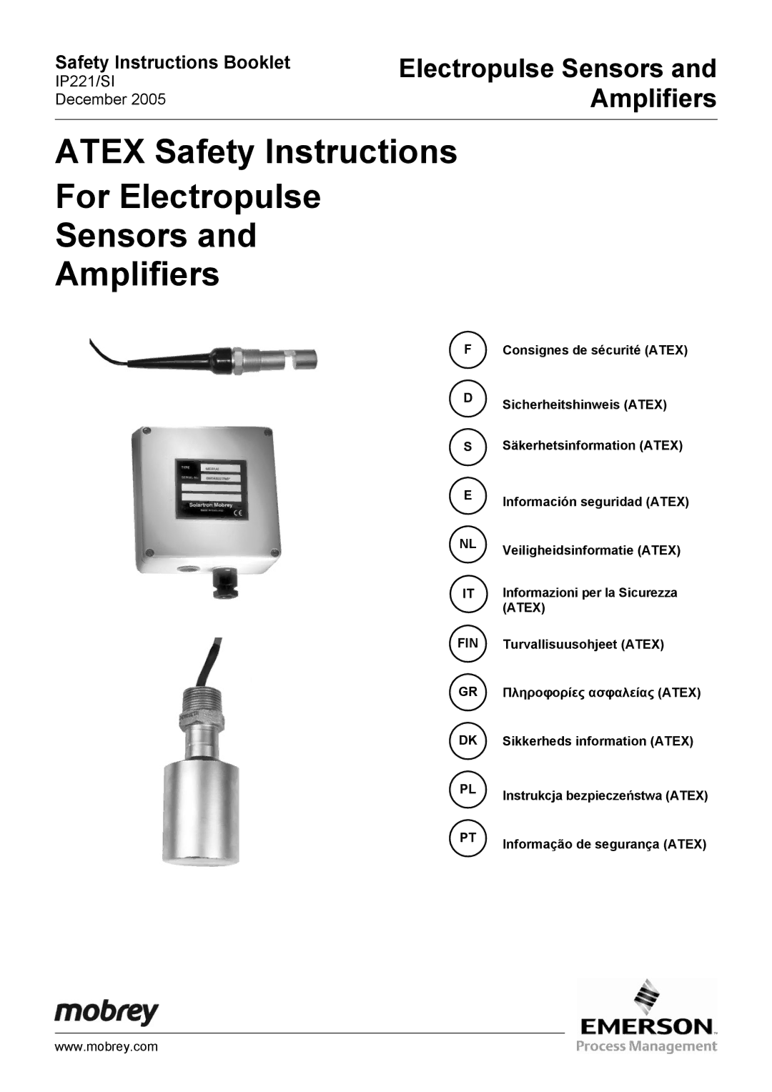 Emerson IP221/SI manual Atex Safety Instructions For Electropulse Sensors Amplifiers 