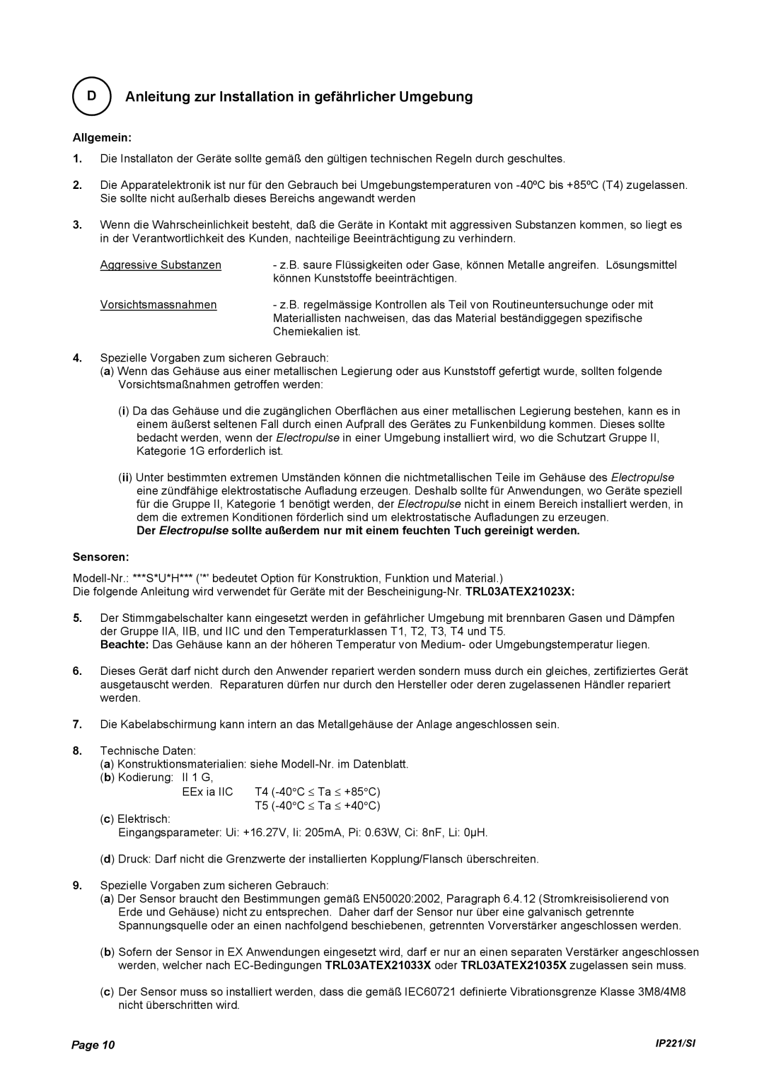 Emerson IP221/SI manual Anleitung zur Installation in gefährlicher Umgebung, Allgemein 