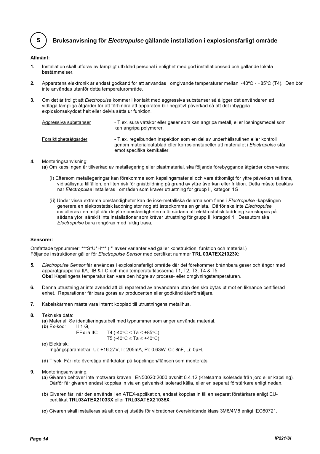 Emerson IP221/SI manual Allmänt 