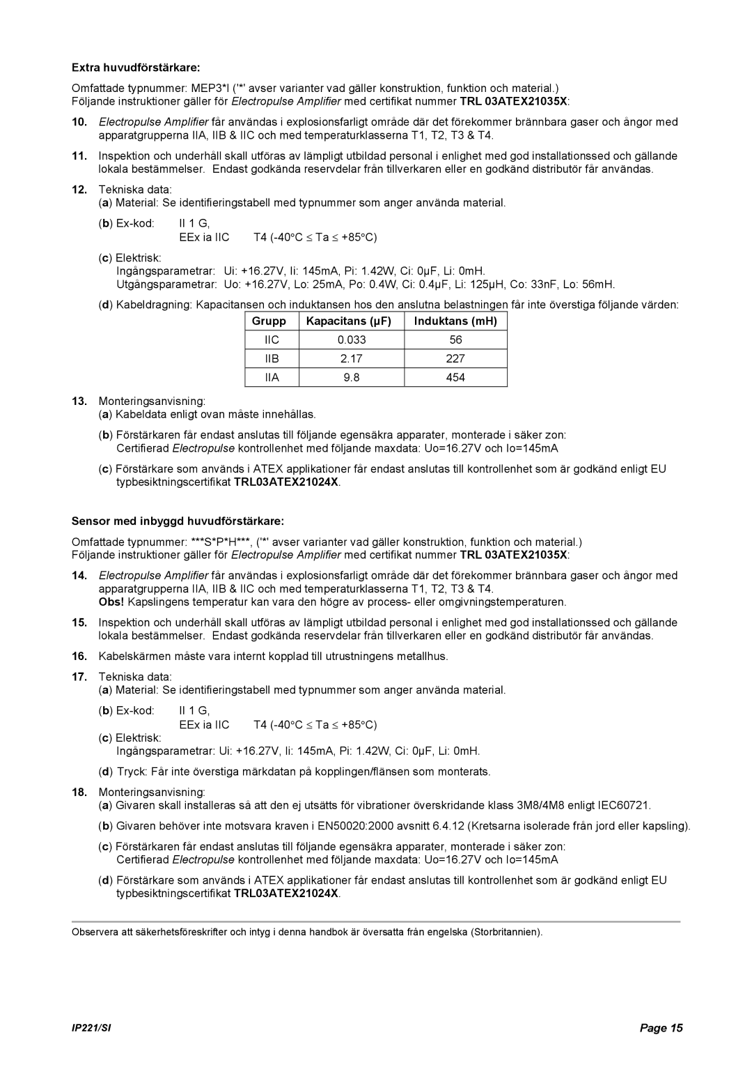 Emerson IP221/SI manual Extra huvudförstärkare, Grupp Kapacitans µF Induktans mH, Sensor med inbyggd huvudförstärkare 