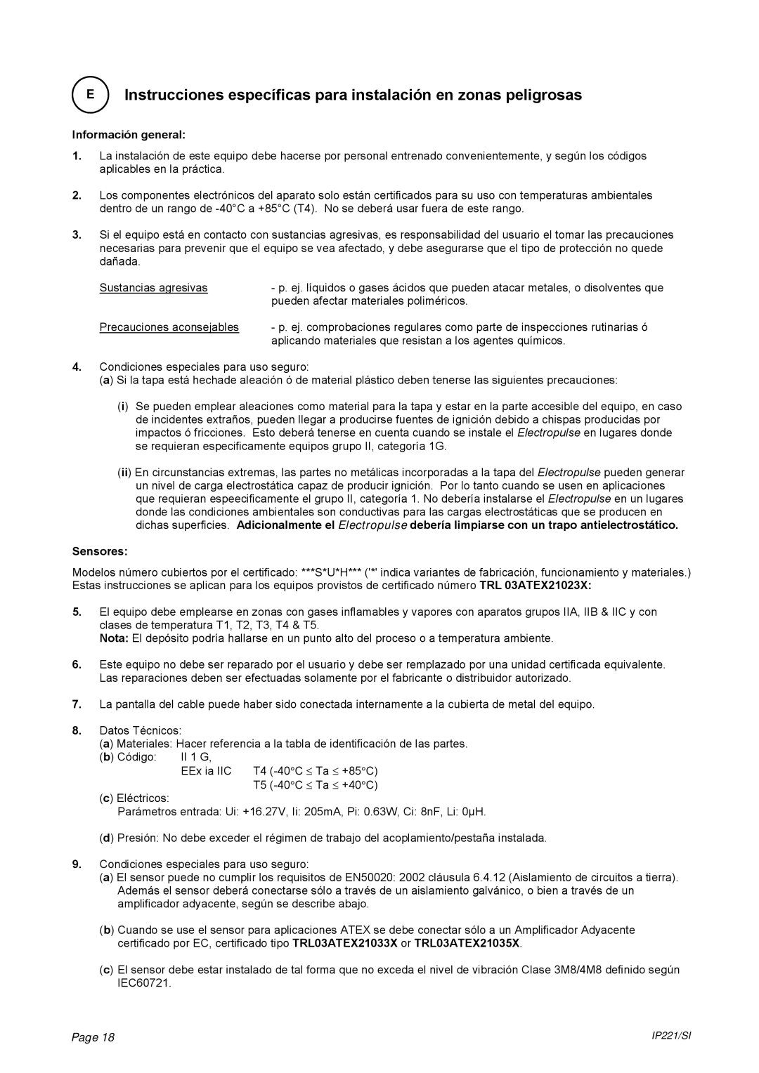 Emerson IP221/SI manual Información general, Sensores 