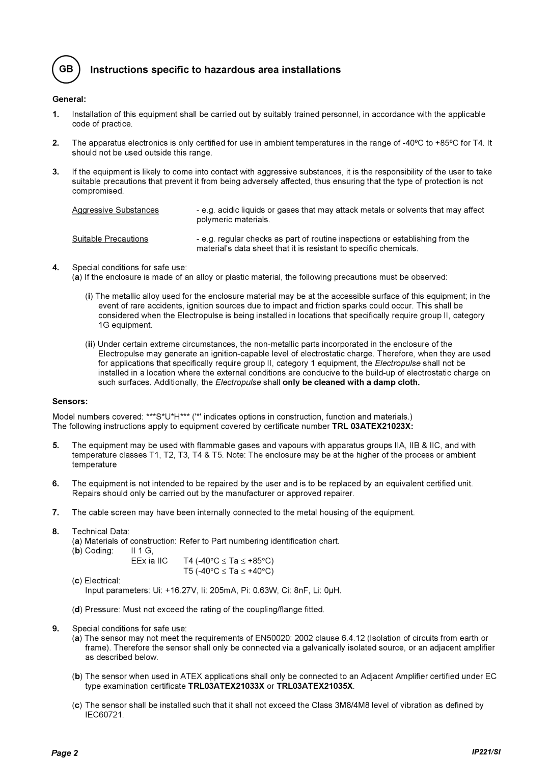 Emerson IP221/SI manual General, Sensors 