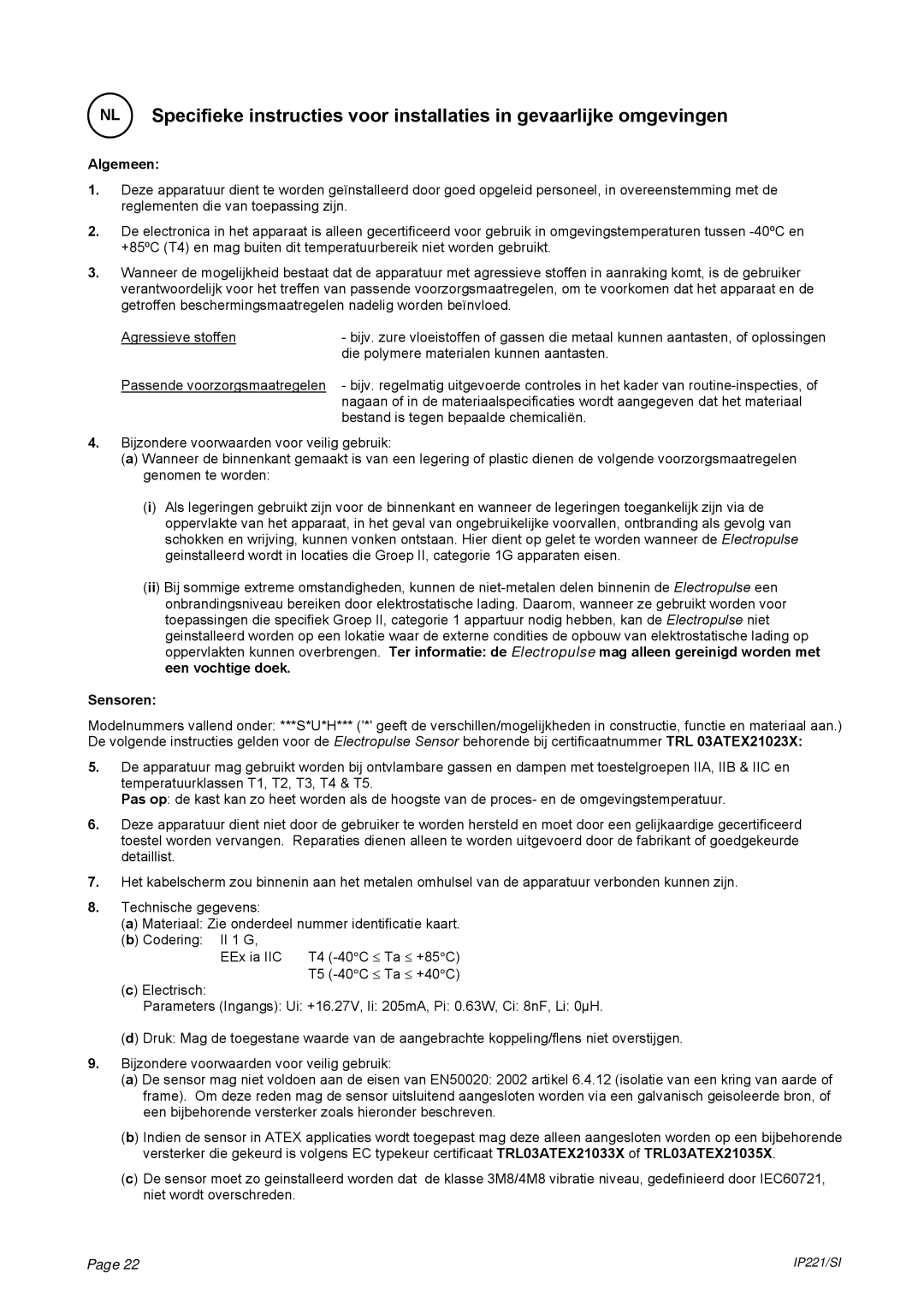 Emerson IP221/SI manual Algemeen, Sensoren 