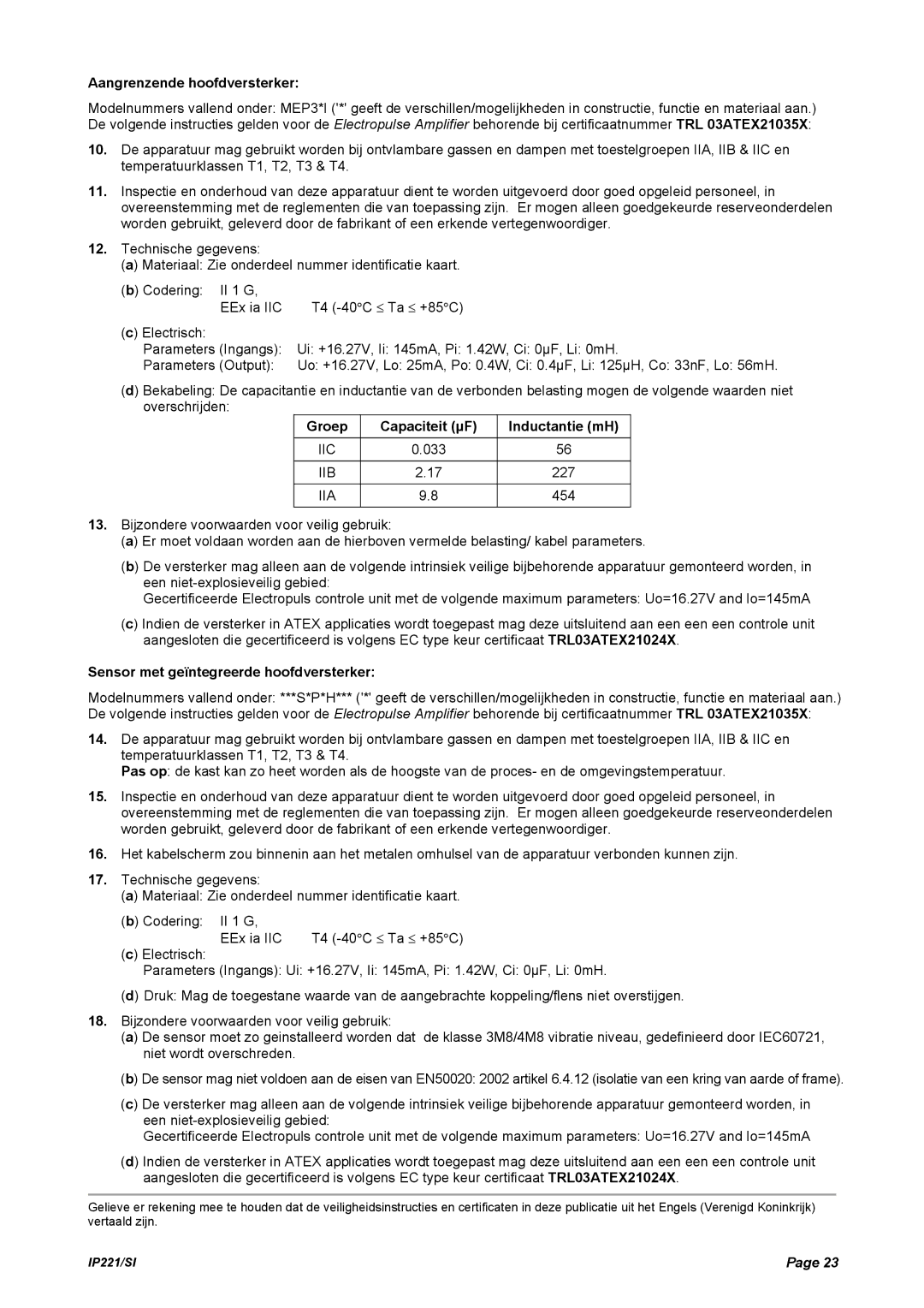 Emerson IP221/SI manual Aangrenzende hoofdversterker, Groep Capaciteit µF Inductantie mH 