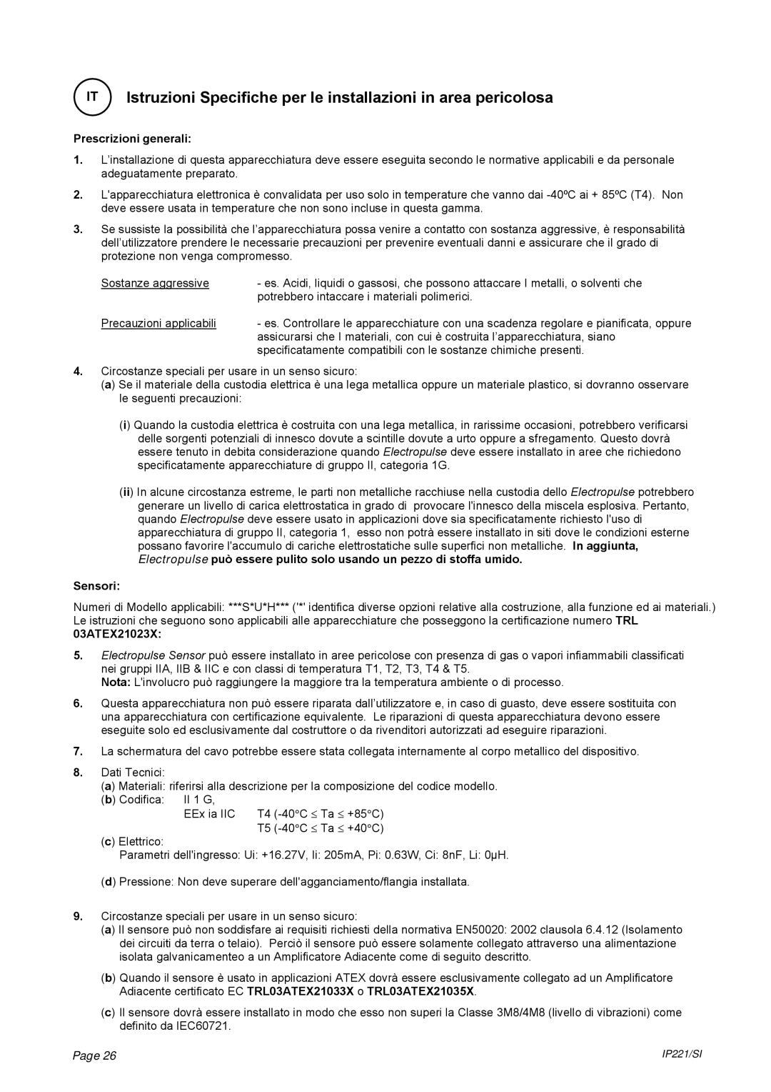 Emerson IP221/SI manual Prescrizioni generali 