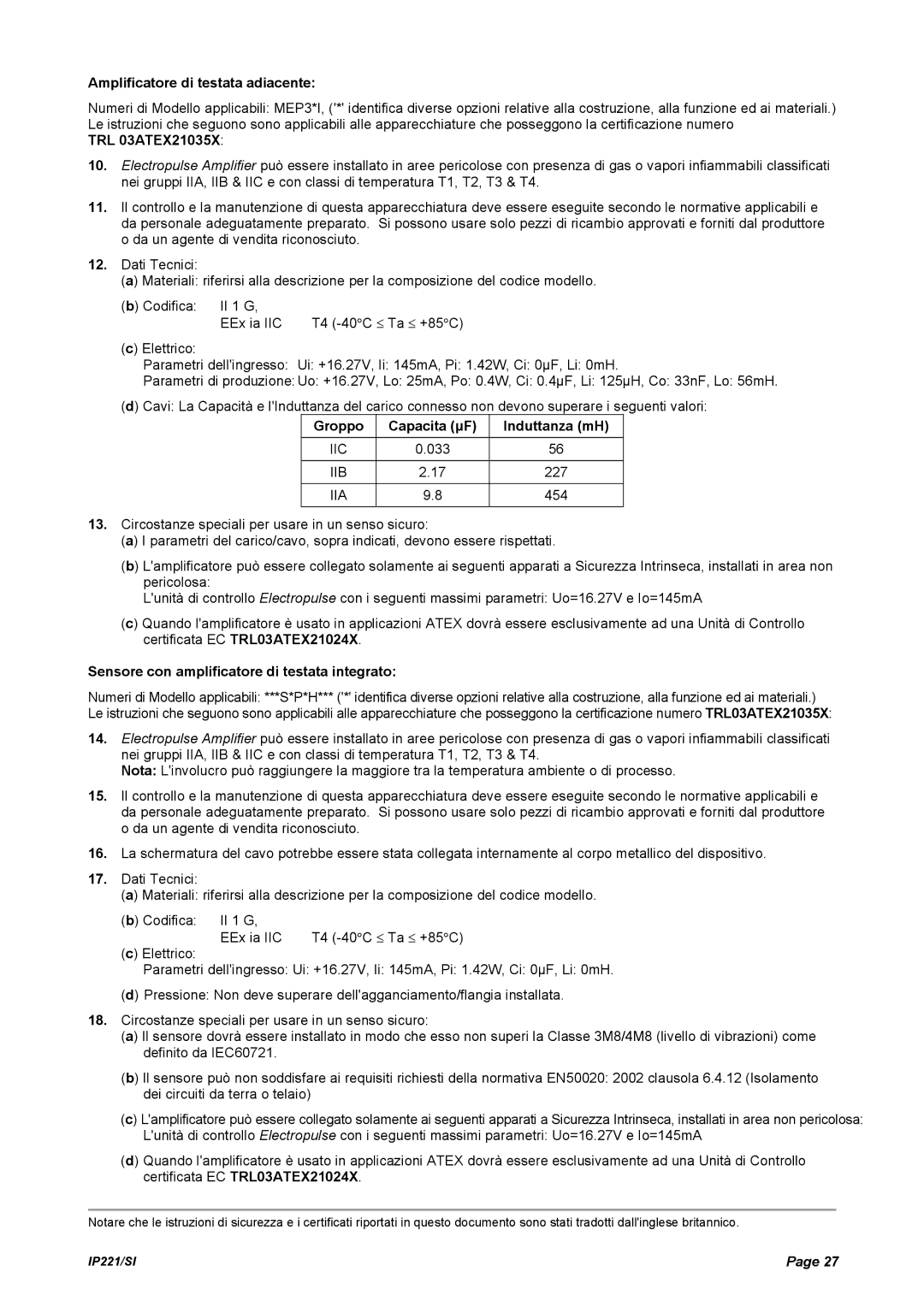 Emerson IP221/SI manual Amplificatore di testata adiacente, TRL 03ATEX21035X, Groppo Capacita µF Induttanza mH 