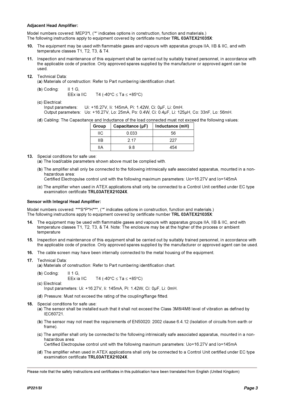 Emerson IP221/SI manual Adjacent Head Amplifier, Group Capacitance µF Inductance mH, Sensor with Integral Head Amplifier 