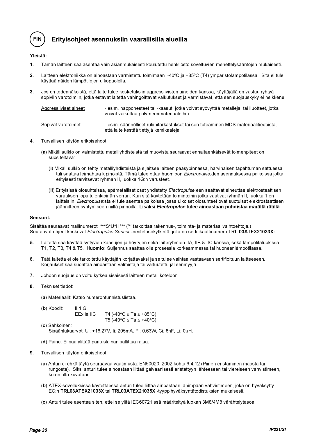 Emerson IP221/SI manual Yleistä, Sensorit 