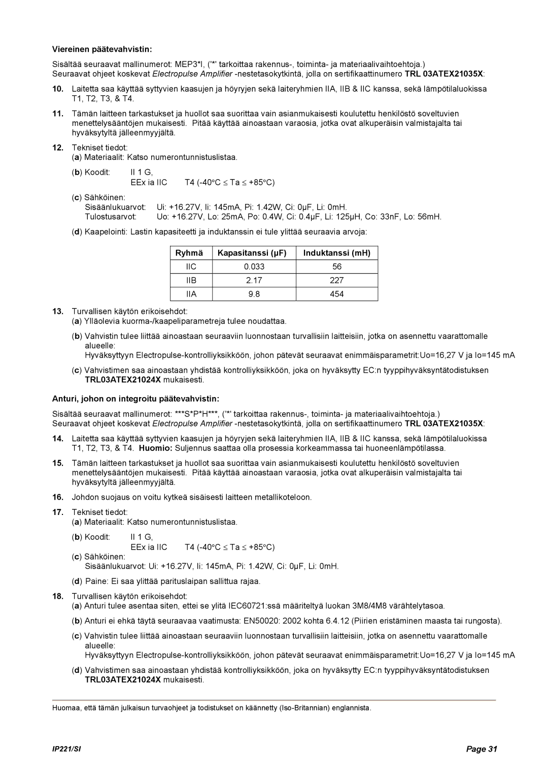 Emerson IP221/SI manual Viereinen päätevahvistin, Ryhmä Kapasitanssi µF Induktanssi mH 