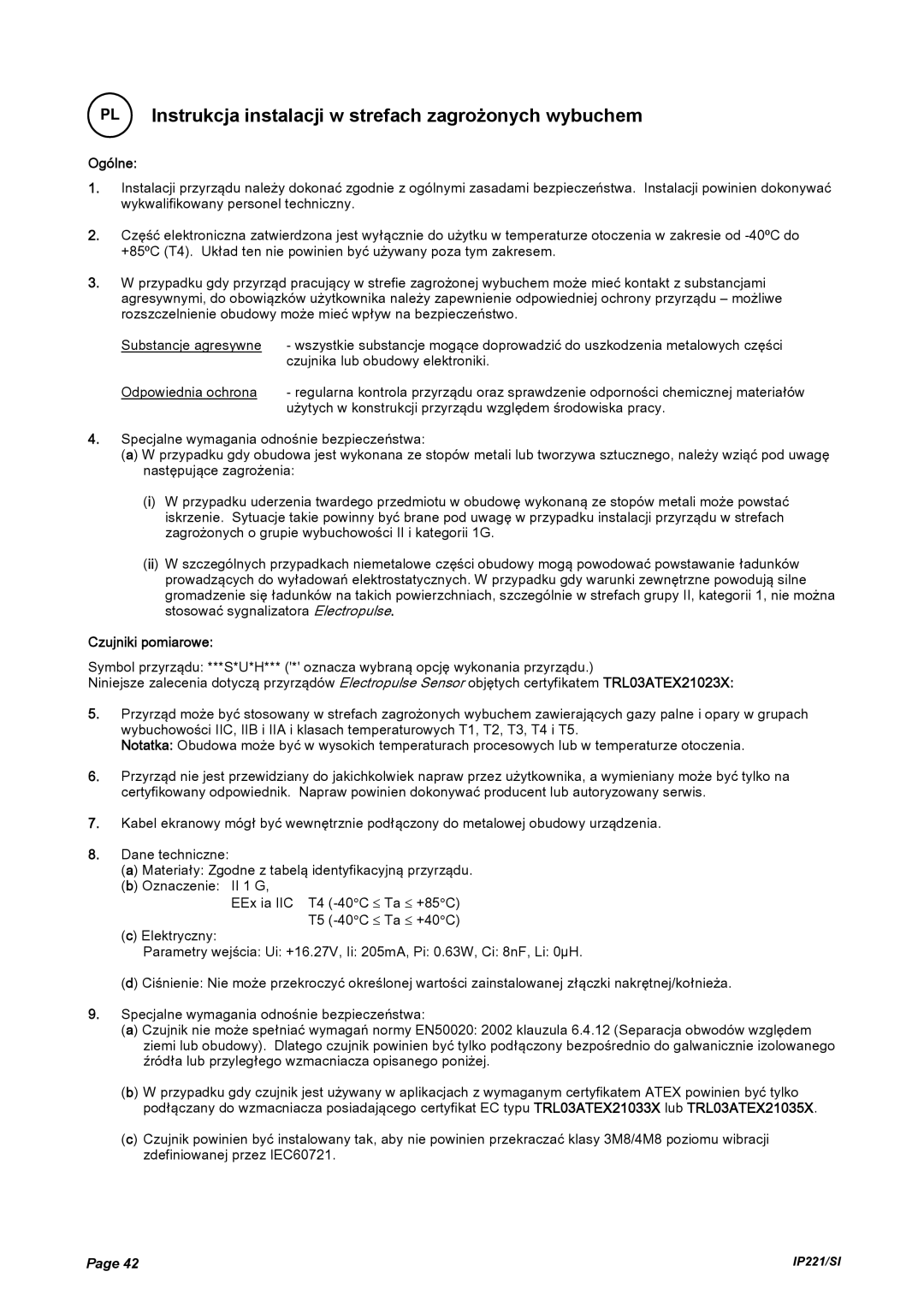 Emerson IP221/SI manual Ogólne, Czujniki pomiarowe 