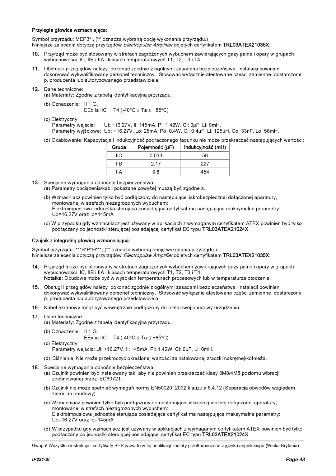 Emerson IP221/SI manual Przyległa głowica wzmacniająca, Grupa Pojemność µF, Czujnik z integralną głowicą wzmacniającą 