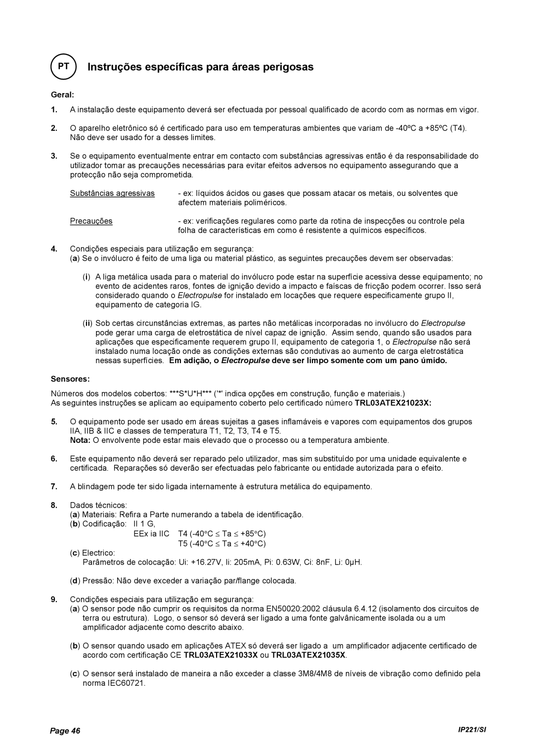 Emerson IP221/SI manual Instruções específicas para áreas perigosas, Geral 