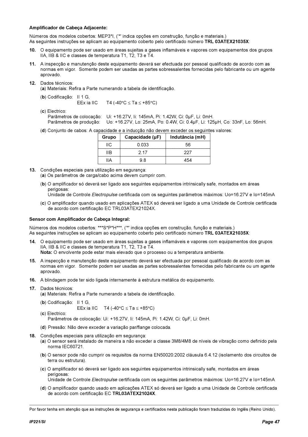 Emerson IP221/SI manual Amplificador de Cabeça Adjacente, Grupo Capacidade µF Indutância mH 