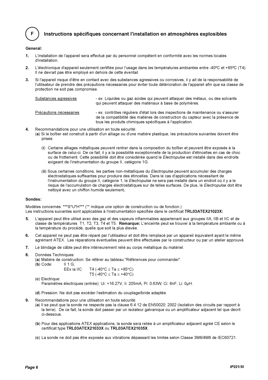 Emerson IP221/SI manual Précautions nécessaires, Sondes 