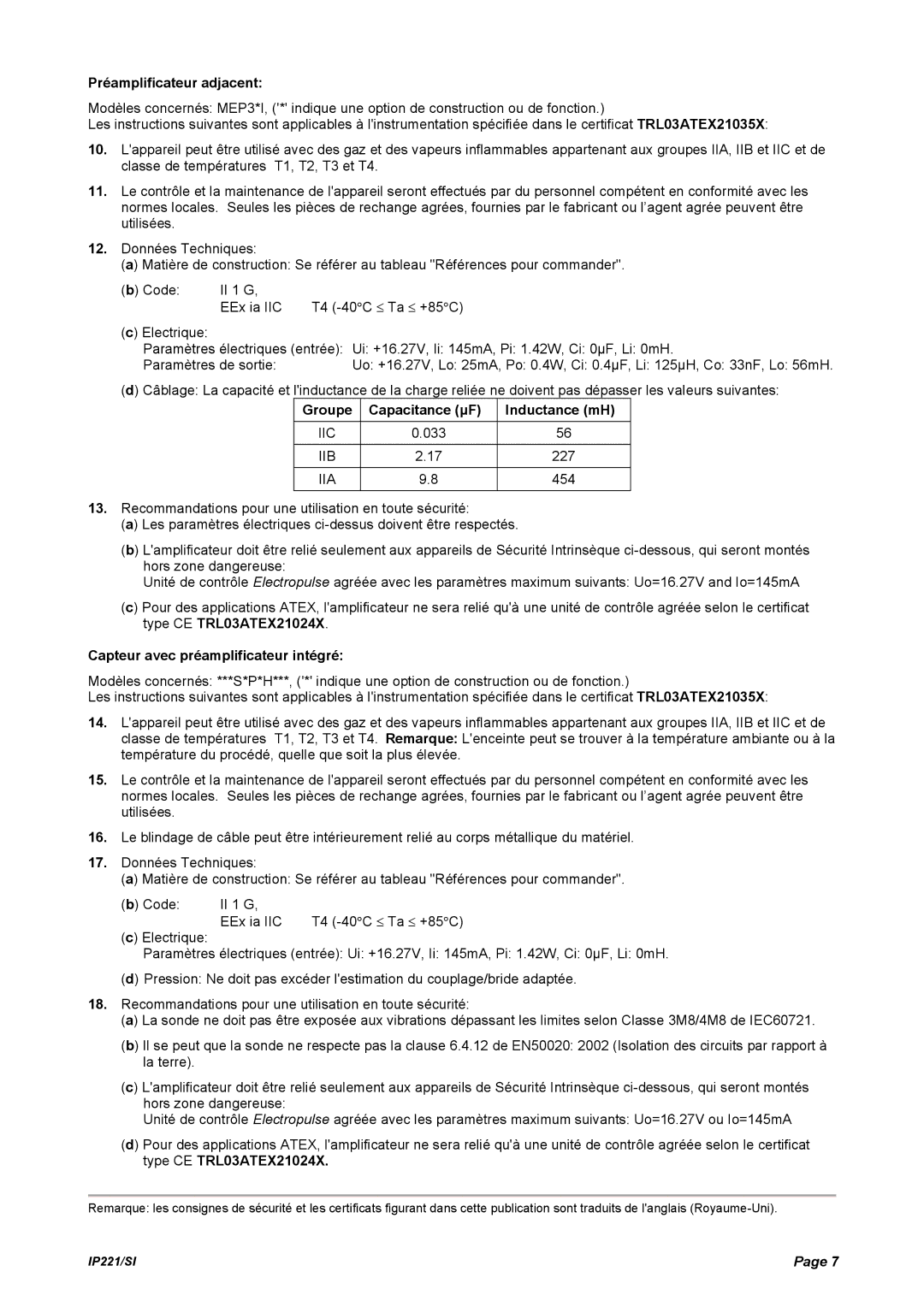 Emerson IP221/SI Préamplificateur adjacent, Groupe Capacitance µF Inductance mH, Capteur avec préamplificateur intégré 