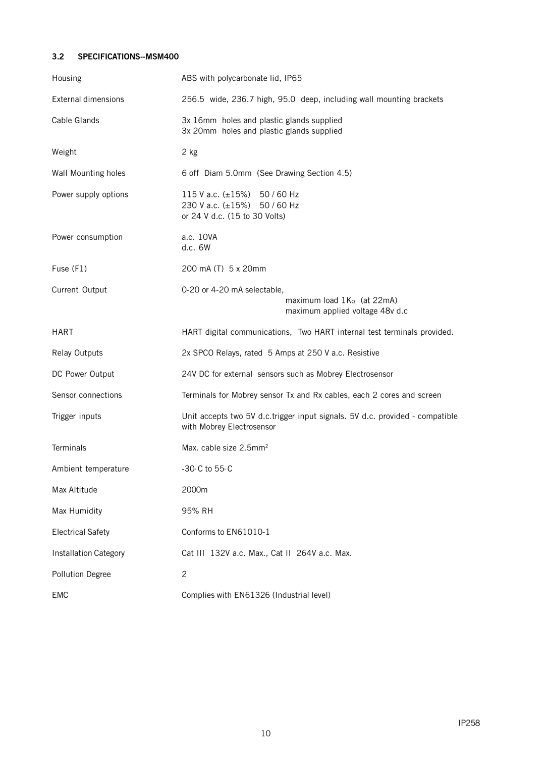 Emerson IP258 manual SPECIFICATIONS--MSM400, Hart, Emc 