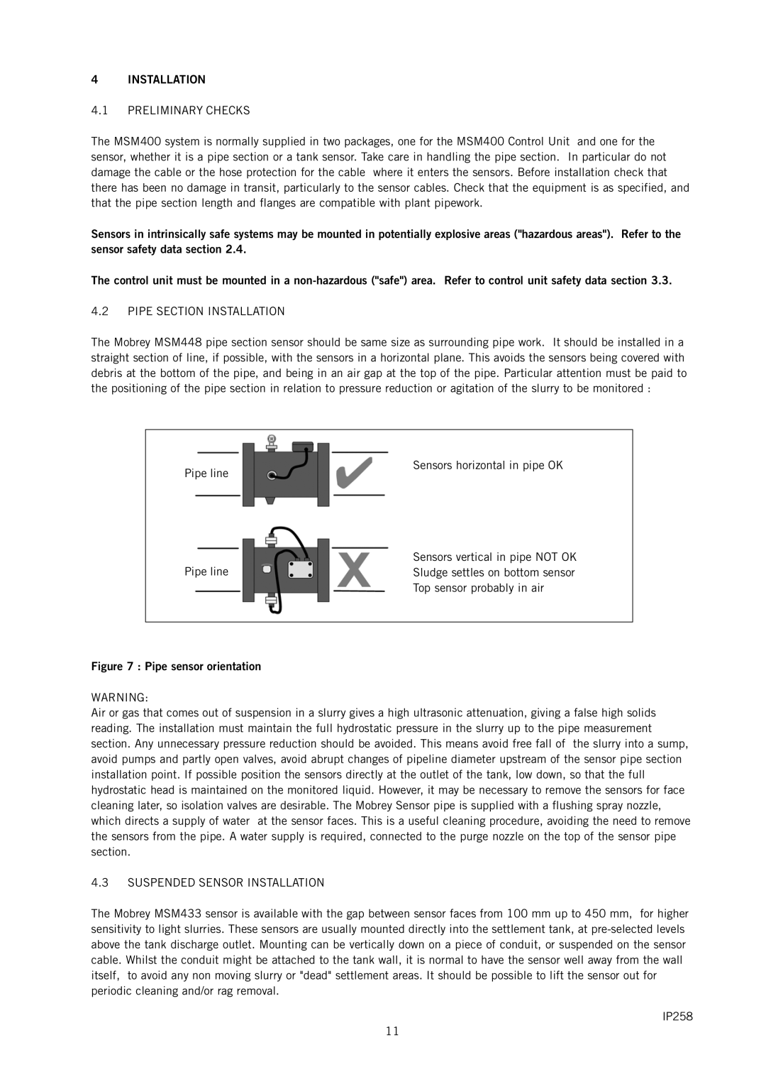 Emerson IP258 manual Preliminary Checks, Pipe Section Installation, Suspended Sensor Installation 