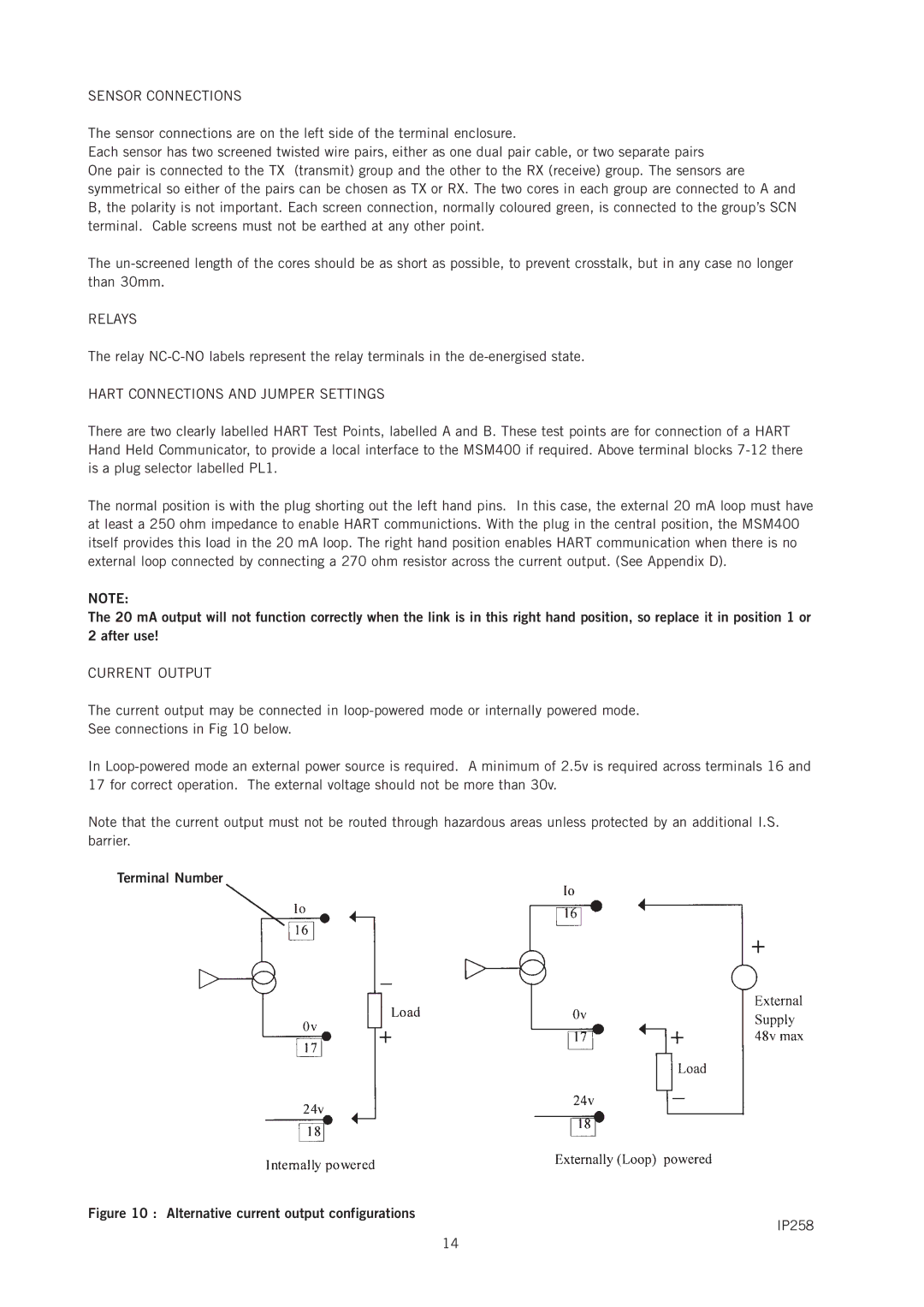 Emerson IP258 manual Sensor Connections, Relays, Hart Connections and Jumper Settings, Current Output, Terminal Number 