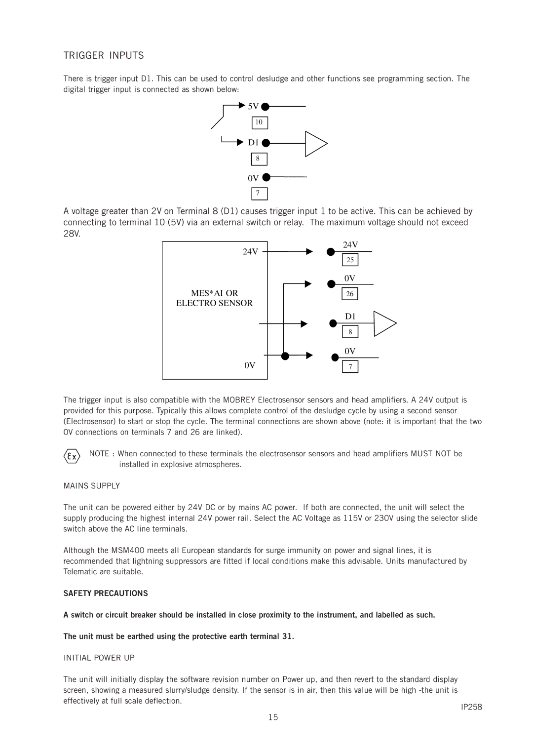 Emerson IP258 manual Mains Supply, Safety Precautions, Initial Power UP 