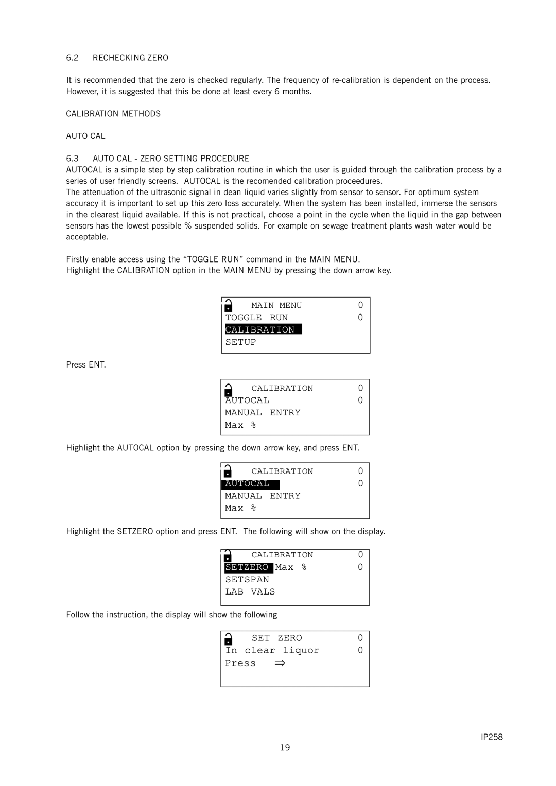 Emerson IP258 manual Rechecking Zero, Calibration Methods Auto CAL Auto CAL Zero Setting Procedure 