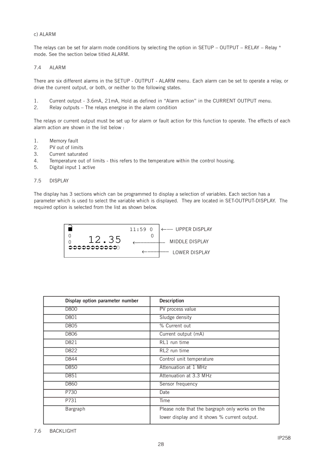 Emerson IP258 manual Alarm, Middle Display, ←−−−−−−− Lower Display, Display option parameter number Description, Backlight 