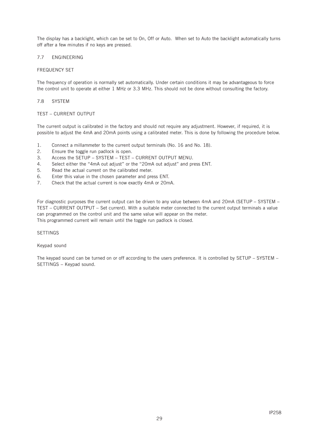 Emerson IP258 manual Engineering Frequency SET, System Test Current Output, Settings 