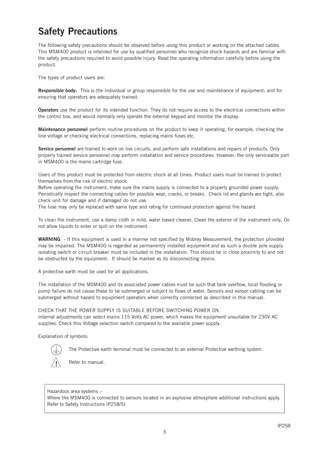 Emerson IP258 manual Safety Precautions 