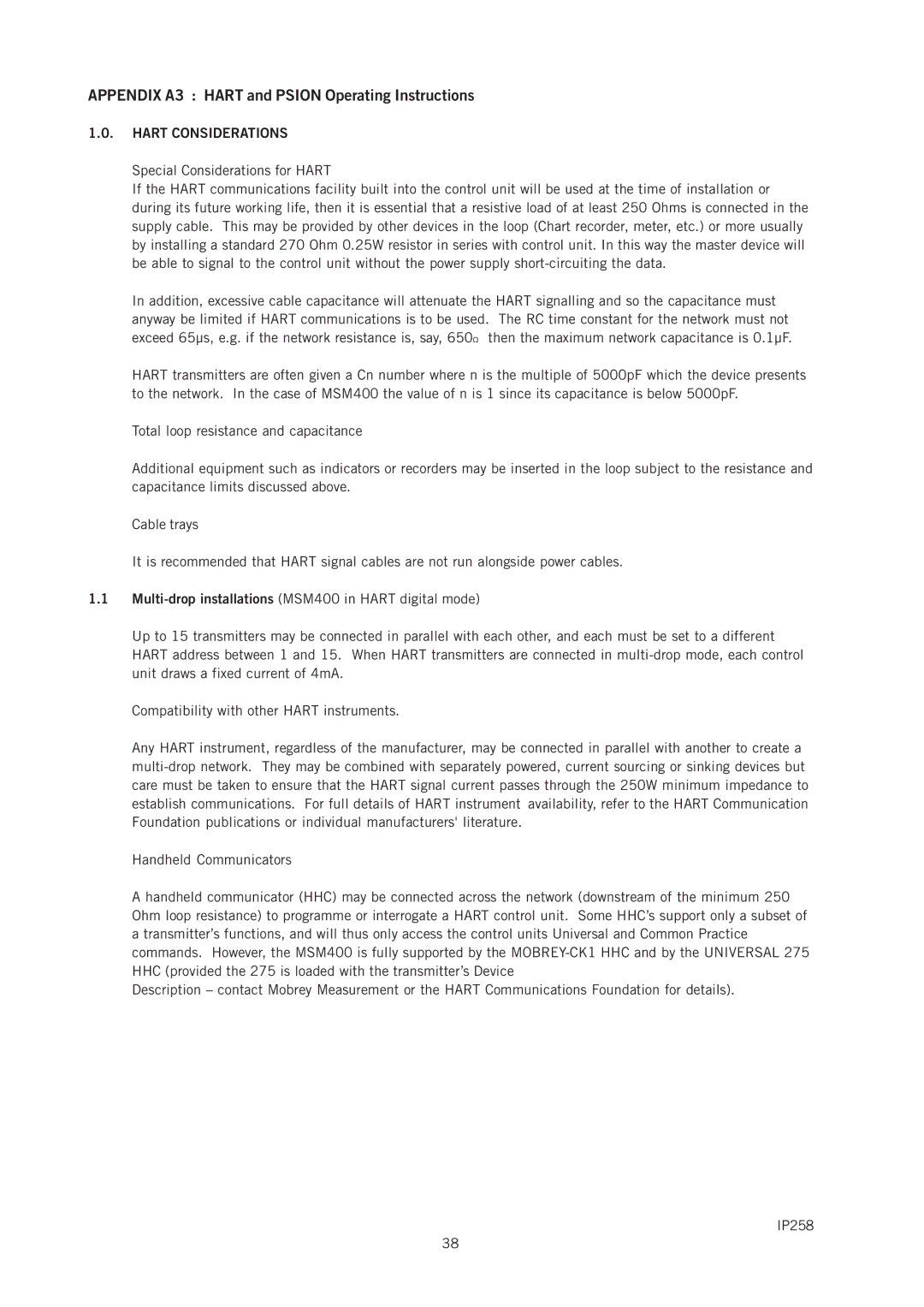 Emerson IP258 manual Appendix A3 Hart and Psion Operating Instructions, Hart Considerations 