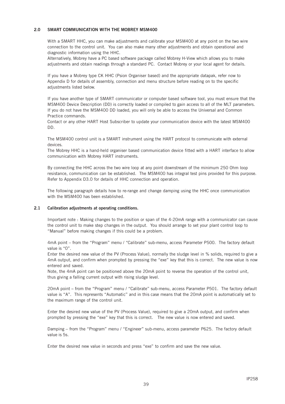Emerson IP258 manual Smart Communication with the Mobrey MSM400, Calibration adjustments at operating conditions 