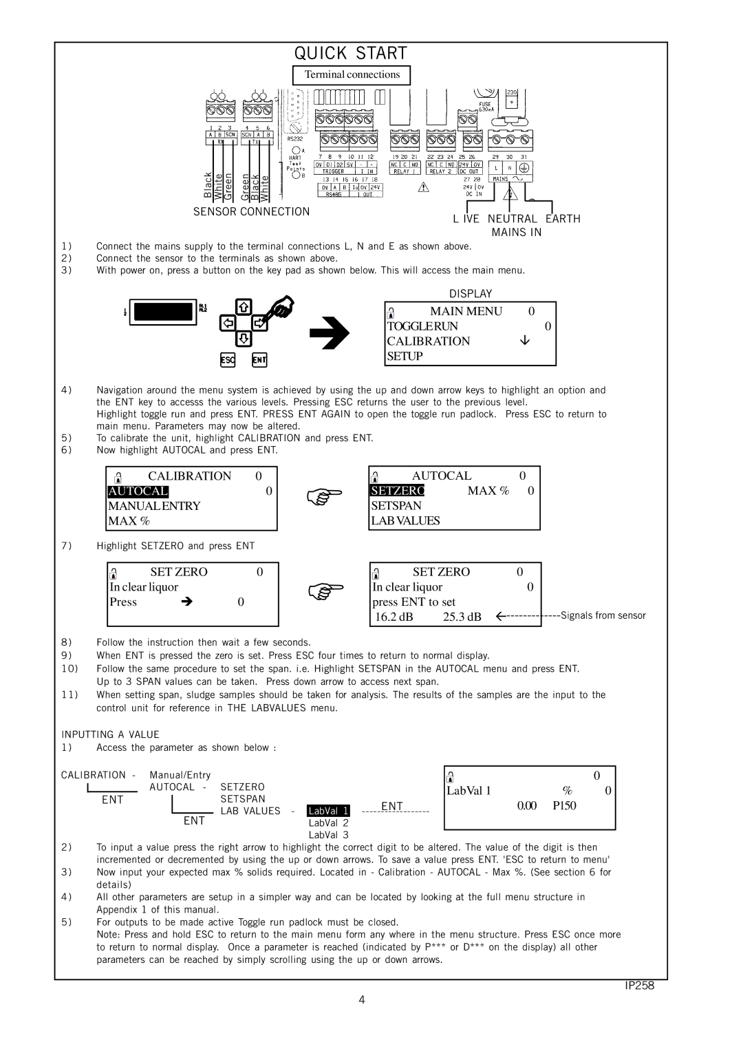 Emerson IP258 manual Sensor Connection IVE Neutral Earth Mains, Display, Ent 