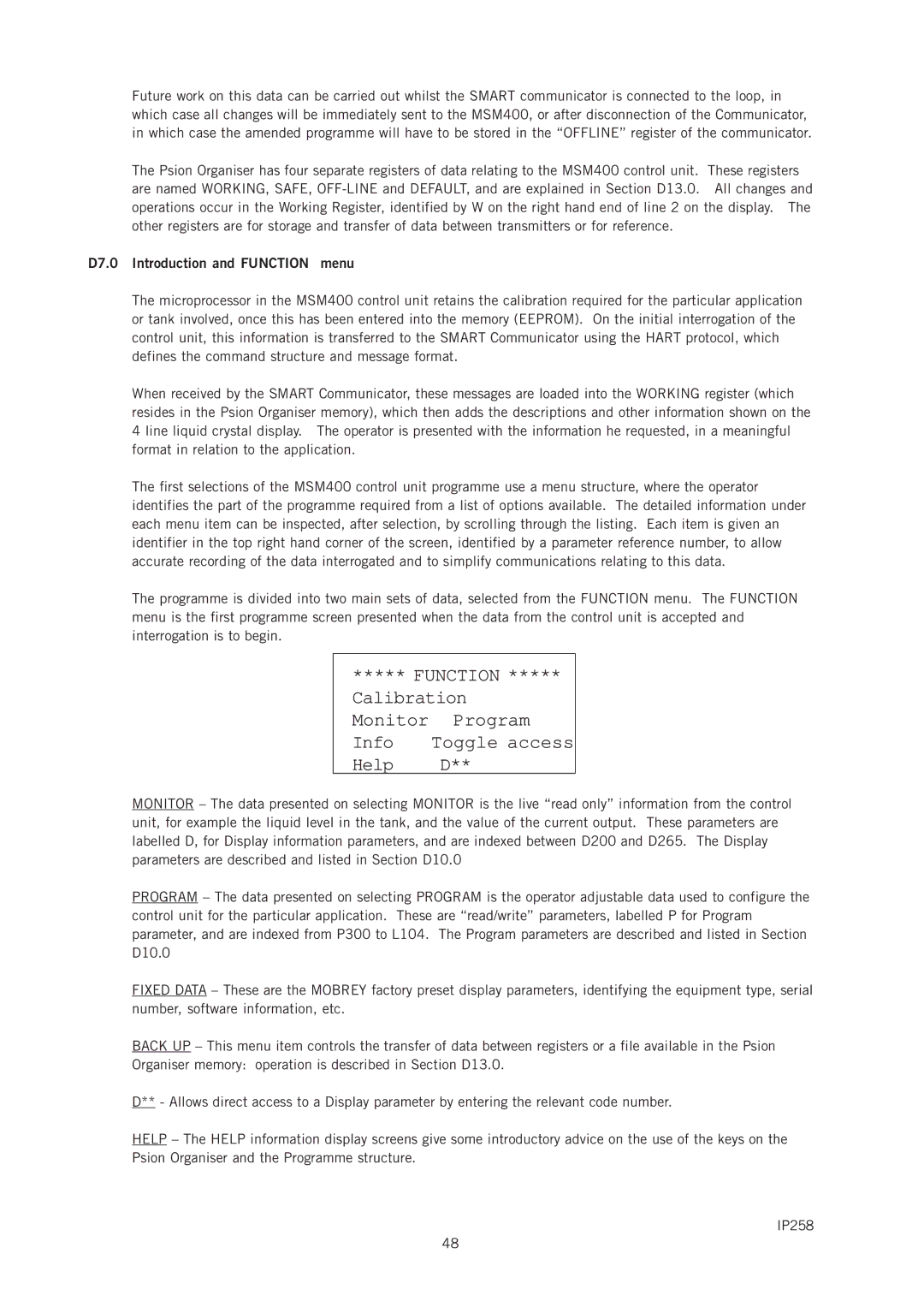 Emerson IP258 manual Help, D7.0 Introduction and Function menu 