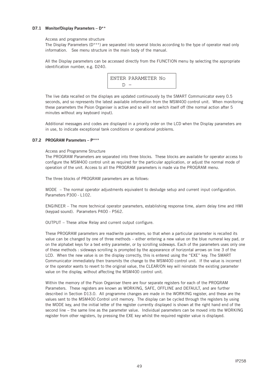 Emerson IP258 manual D7.1 Monitor/Display Parameters D, D7.2 Program Parameters P 