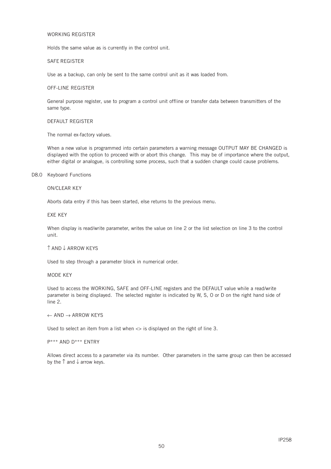 Emerson IP258 manual Working Register, Safe Register, OFF-LINE Register, Default Register, On/Clear Key, Exe Key, Mode KEY 