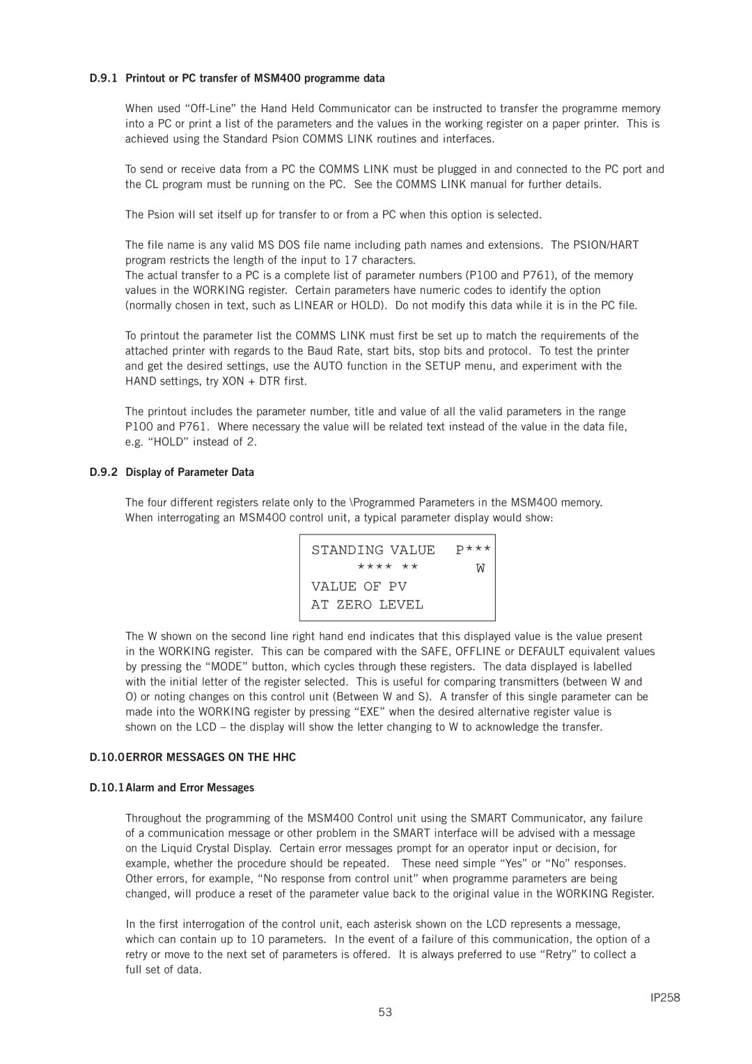 Emerson IP258 Printout or PC transfer of MSM400 programme data, Display of Parameter Data, 10.0ERROR Messages on the HHC 