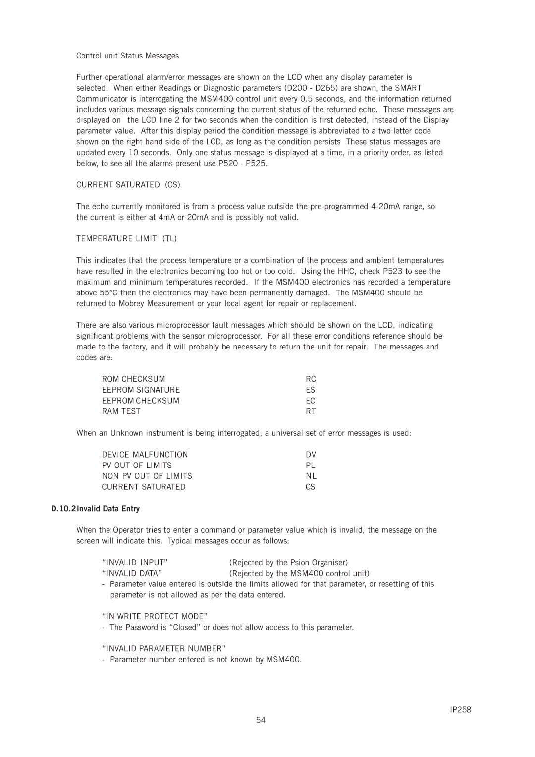 Emerson IP258 manual 10.2Invalid Data Entry 