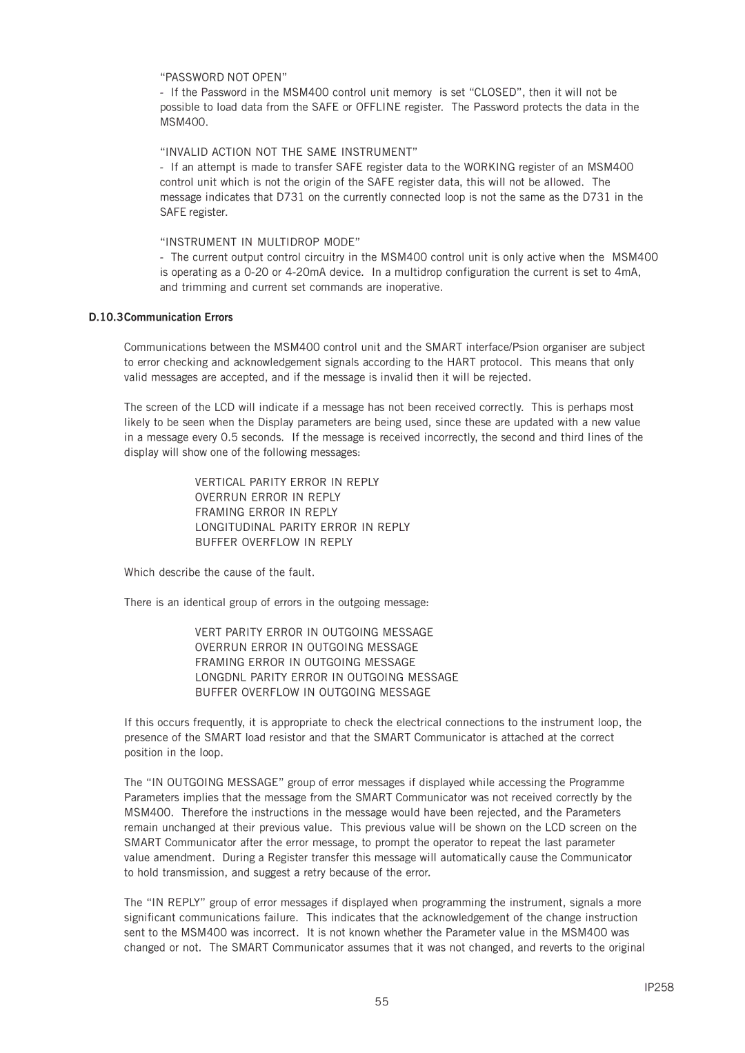 Emerson IP258 manual Password not Open, Invalid Action not the Same Instrument, Instrument in Multidrop Mode 