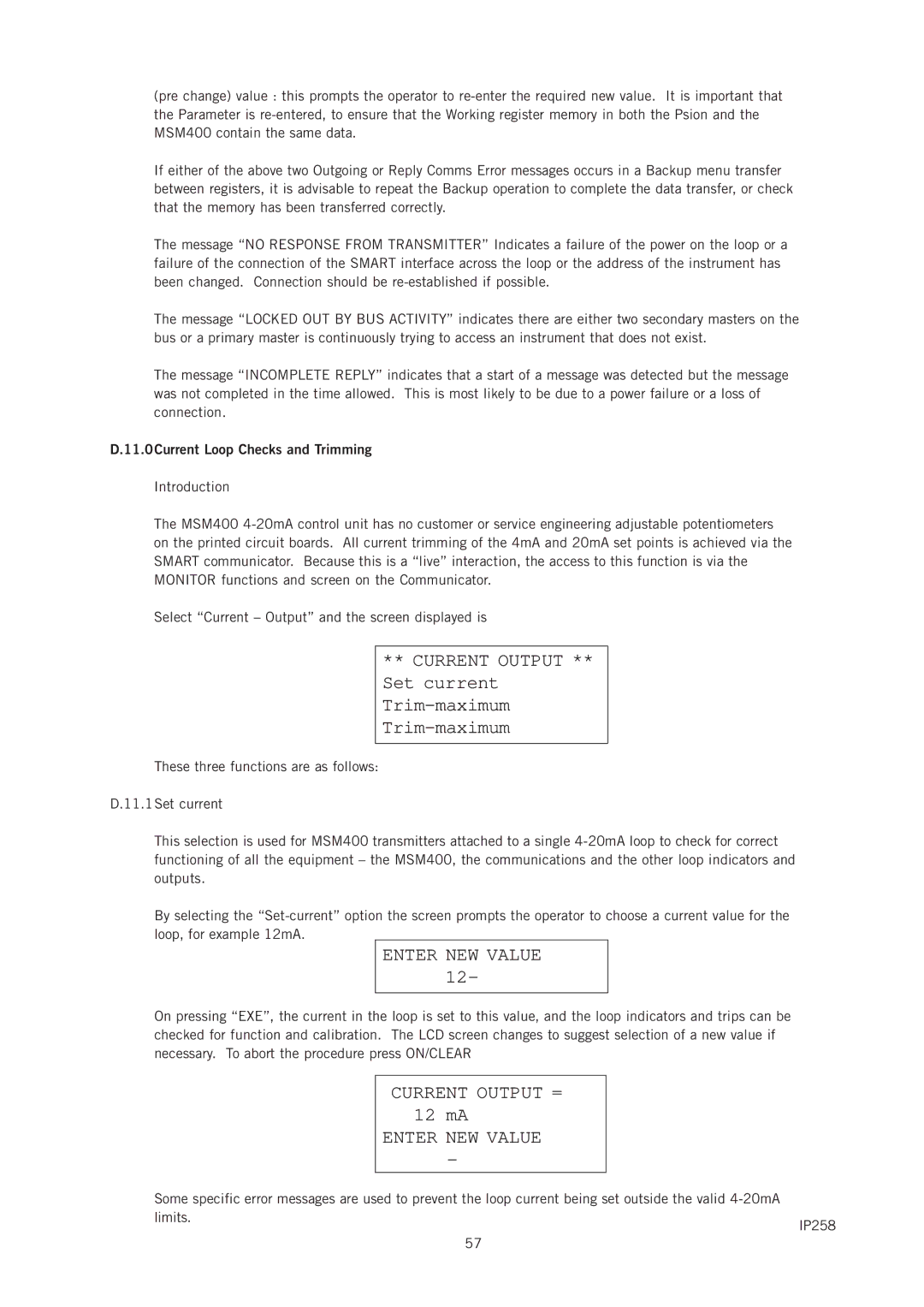 Emerson IP258 manual Current Output ** Set current Trim-maximum Trim-maximum, 11.0Current Loop Checks and Trimming 