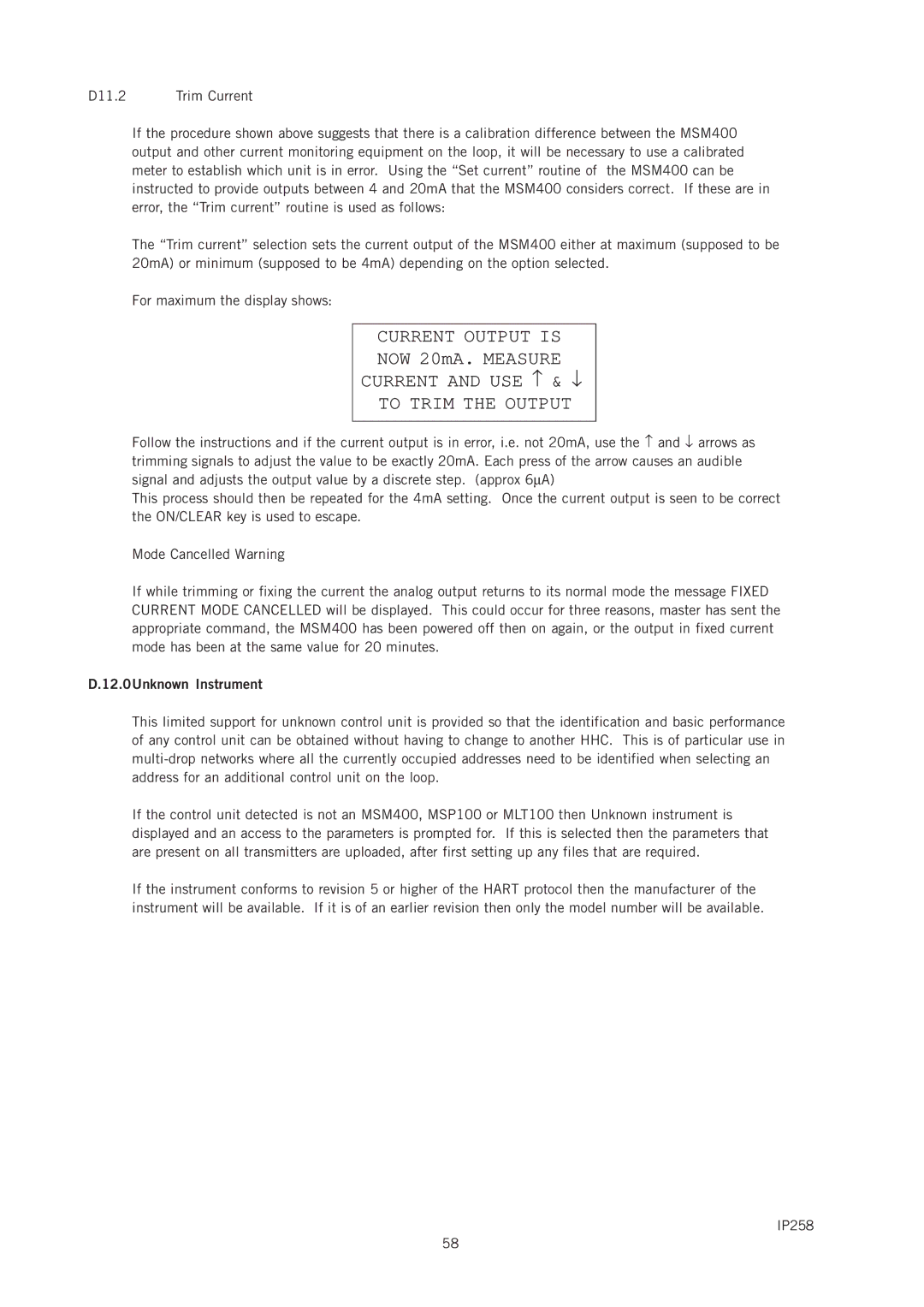 Emerson IP258 manual Current and USE ↑ & ↓ To Trim the Output, 12.0Unknown Instrument 