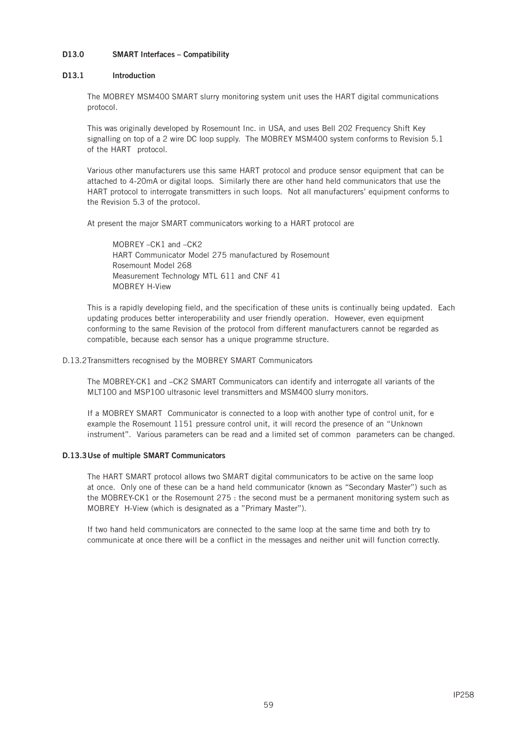 Emerson IP258 manual D13.0 Smart Interfaces Compatibility D13.1 Introduction, 13.3Use of multiple Smart Communicators 