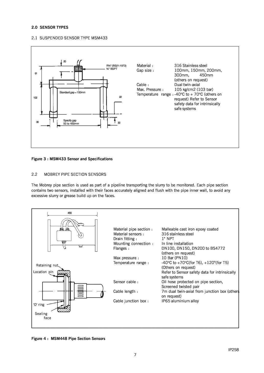 Emerson IP258 manual Sensor Types, MSM433 Sensor and Specifications, MSM448 Pipe Section Sensors, 100mm, 150mm, 200mm 