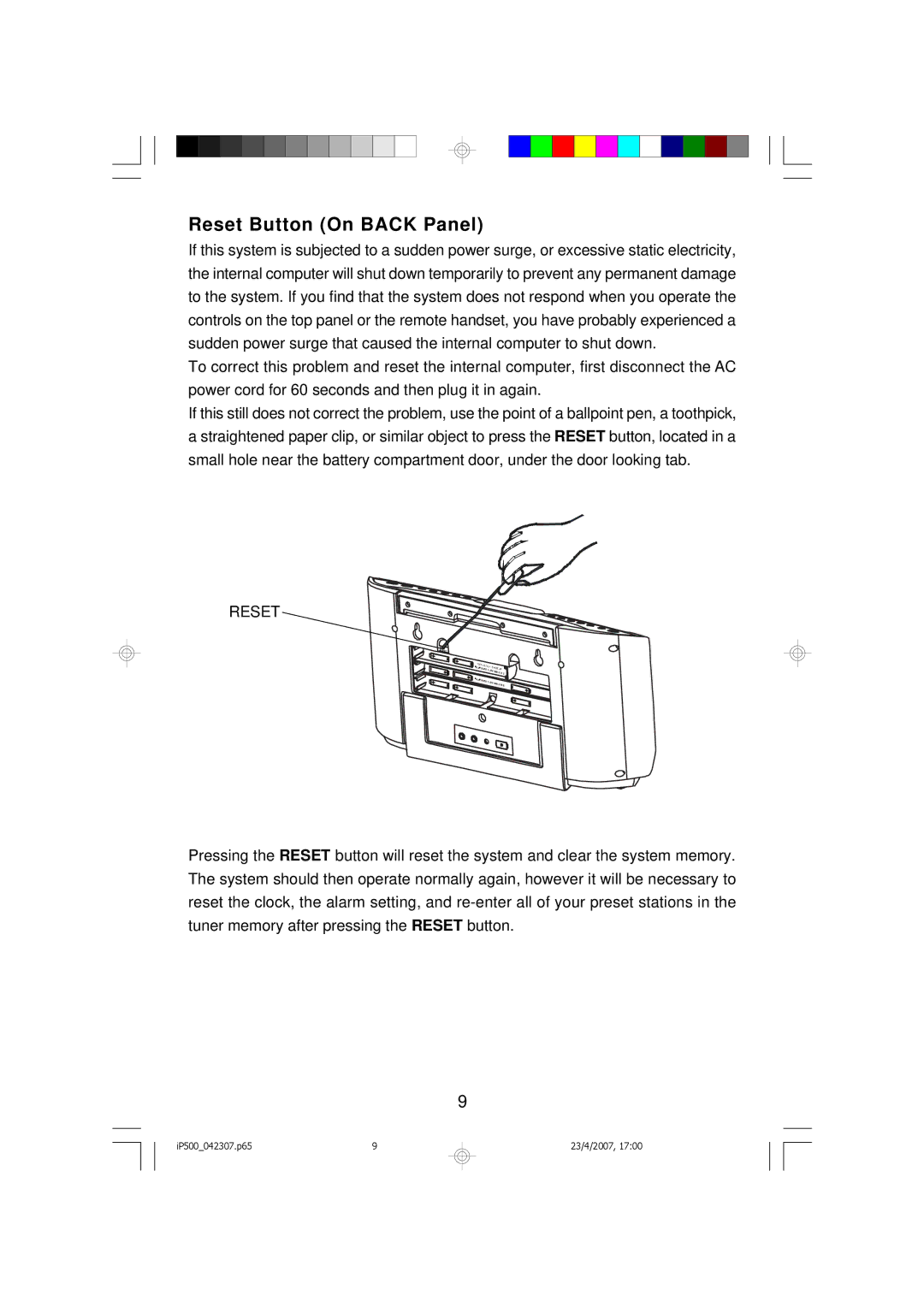 Emerson iP500 owner manual Reset Button On Back Panel 